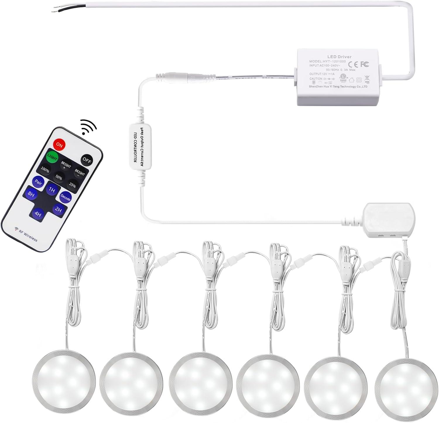 AIBOO Linkable Under Cabinet LED Lighting 12V Dimmable Puck Lights with Wireless RF Remote Control, Hardwired & Wall Plug in for Counter Lighting(6 Lights, Warm White)