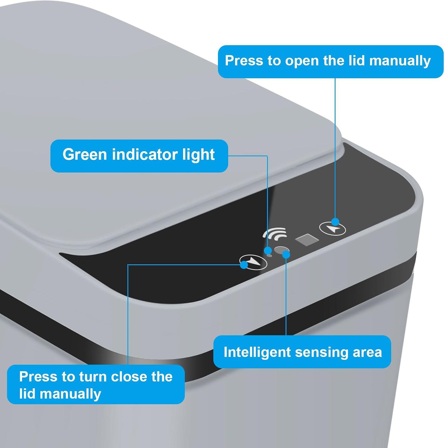 Bathroom Trash can,Smart Touchless Trash Can,Automatic Motion Sensor Trash Bin with Lid,2.4 Gallon Garbage Can, Kitchen, Bathroom, Office, Bedroom Trash can (Grey)