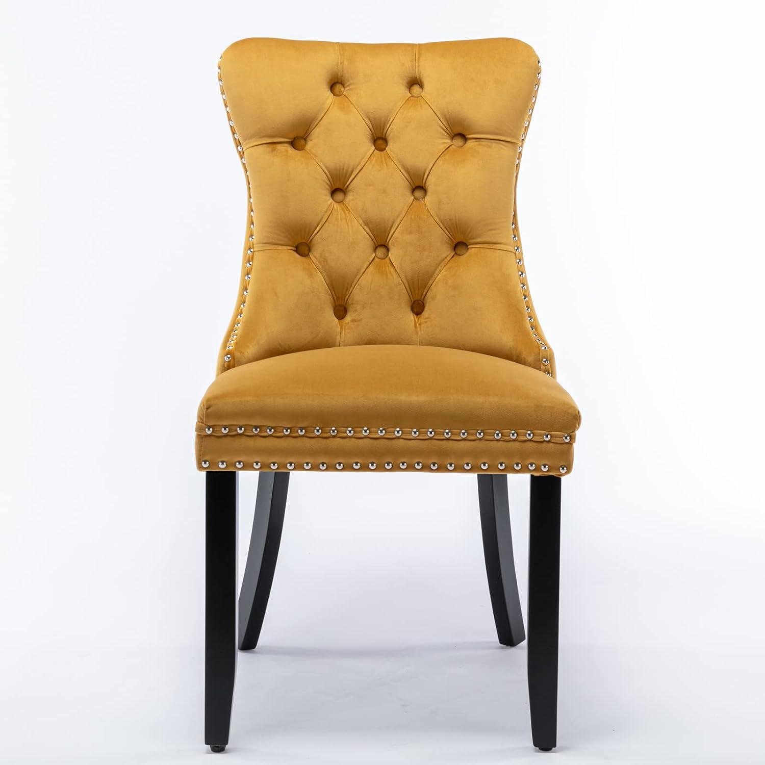 Luxurious Golden Velvet Tufted Dining Chair Set with Wood Legs and Nailhead Trim - Set of 2