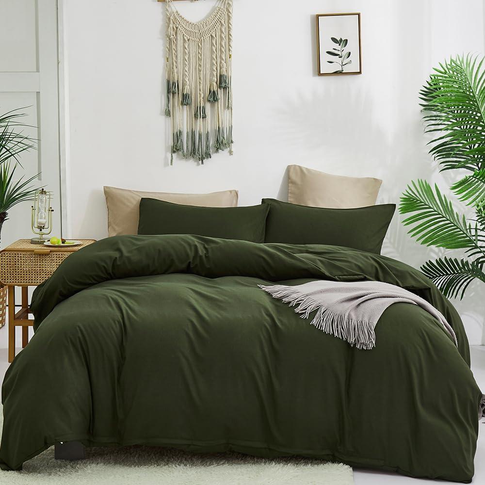 3 Piece 100% Washed Cotton Army Green Duvet Cover Set Luxury Soft and Breatheable Bedding Set with Zipper Closure,Queen Size