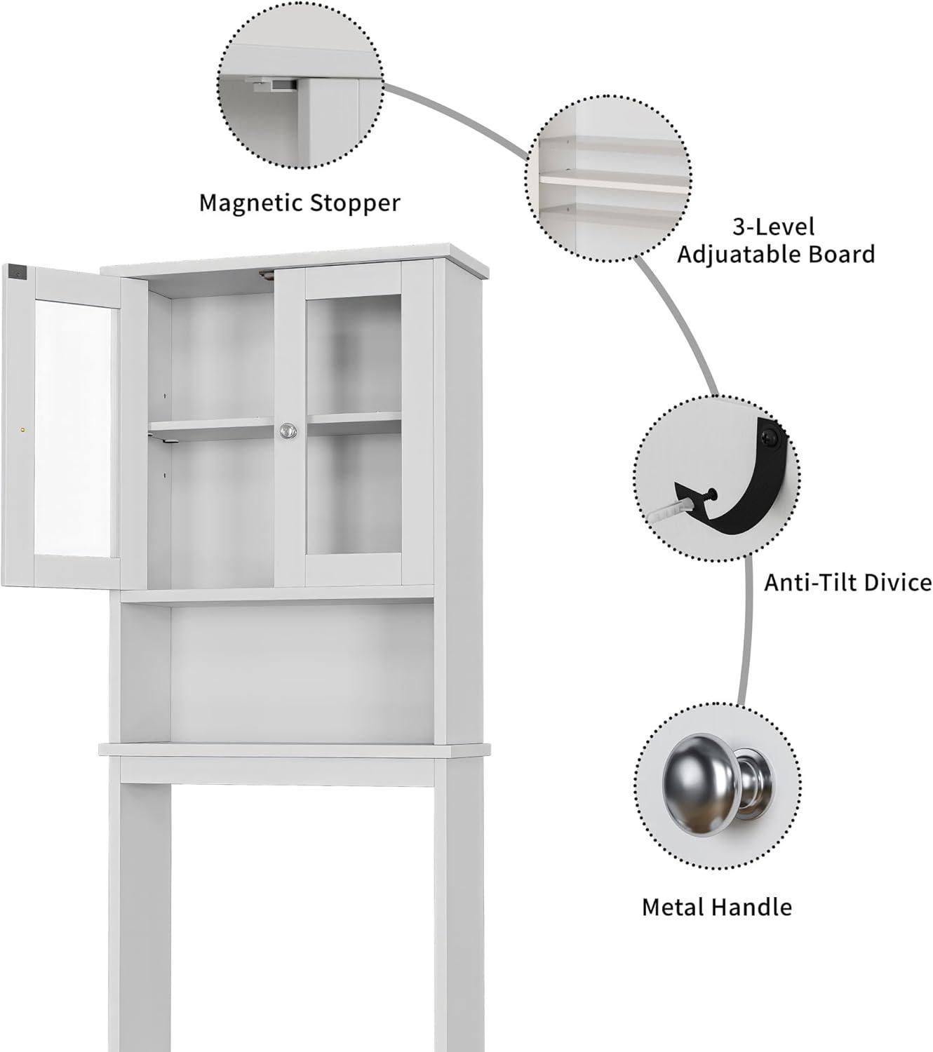 White Adjustable Over-the-Toilet Storage Cabinet with Glass Doors