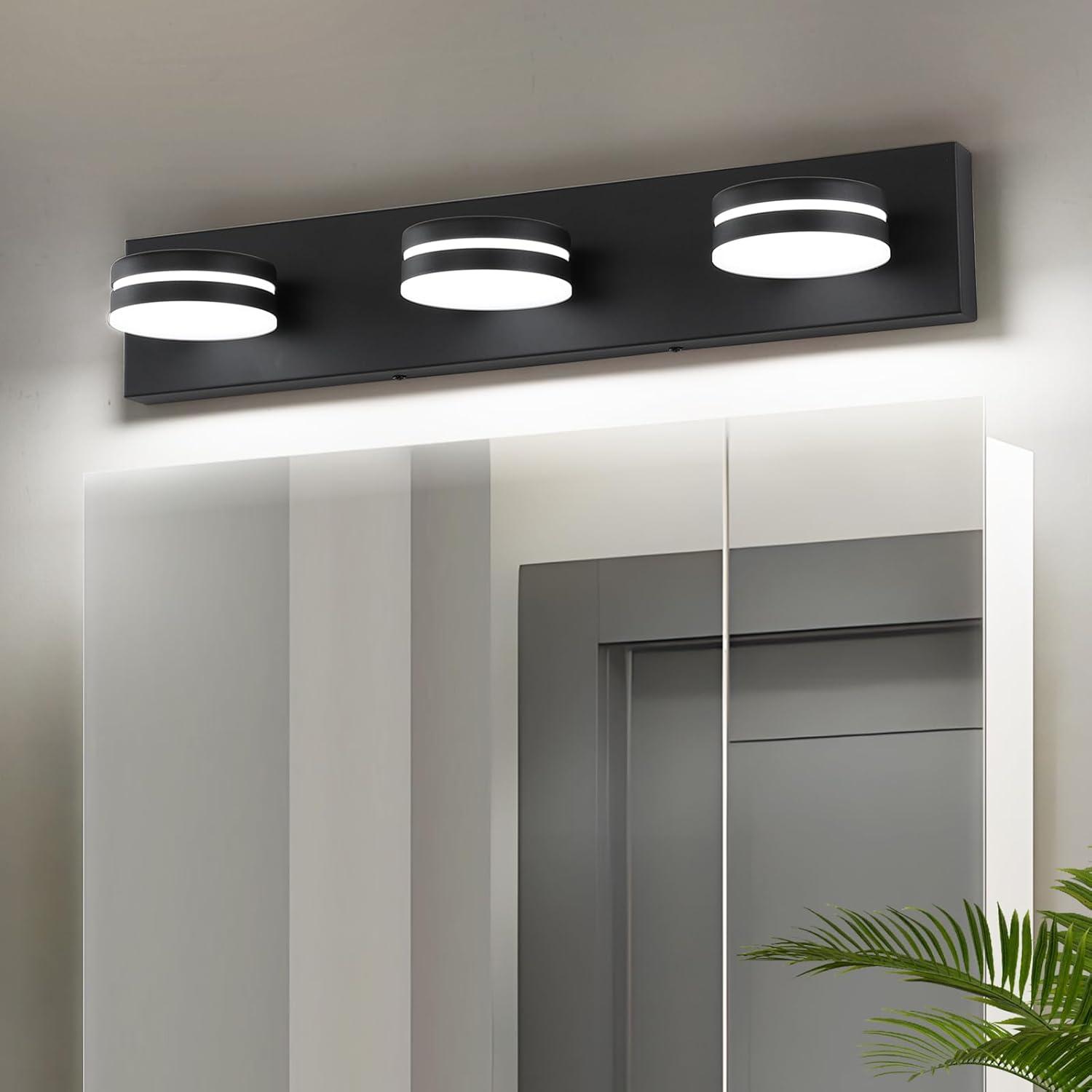 3-Light Bathroom Vanity Light Over Mirror, (24inch Dimmable) Matte Black LED Vanity Lighting Fixtures, Modern Bathroom Wall Light Fixtures with 360°Rotating Lamp Head (Cool White 5500K)
