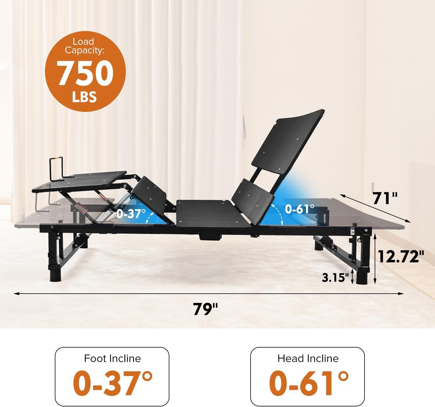 Donext Adjustable Bed Base, King Bed Frame, Independent Head and Foot Incline, Quiet Motor, Wireless Remote Control, Electric Bed Base, Black