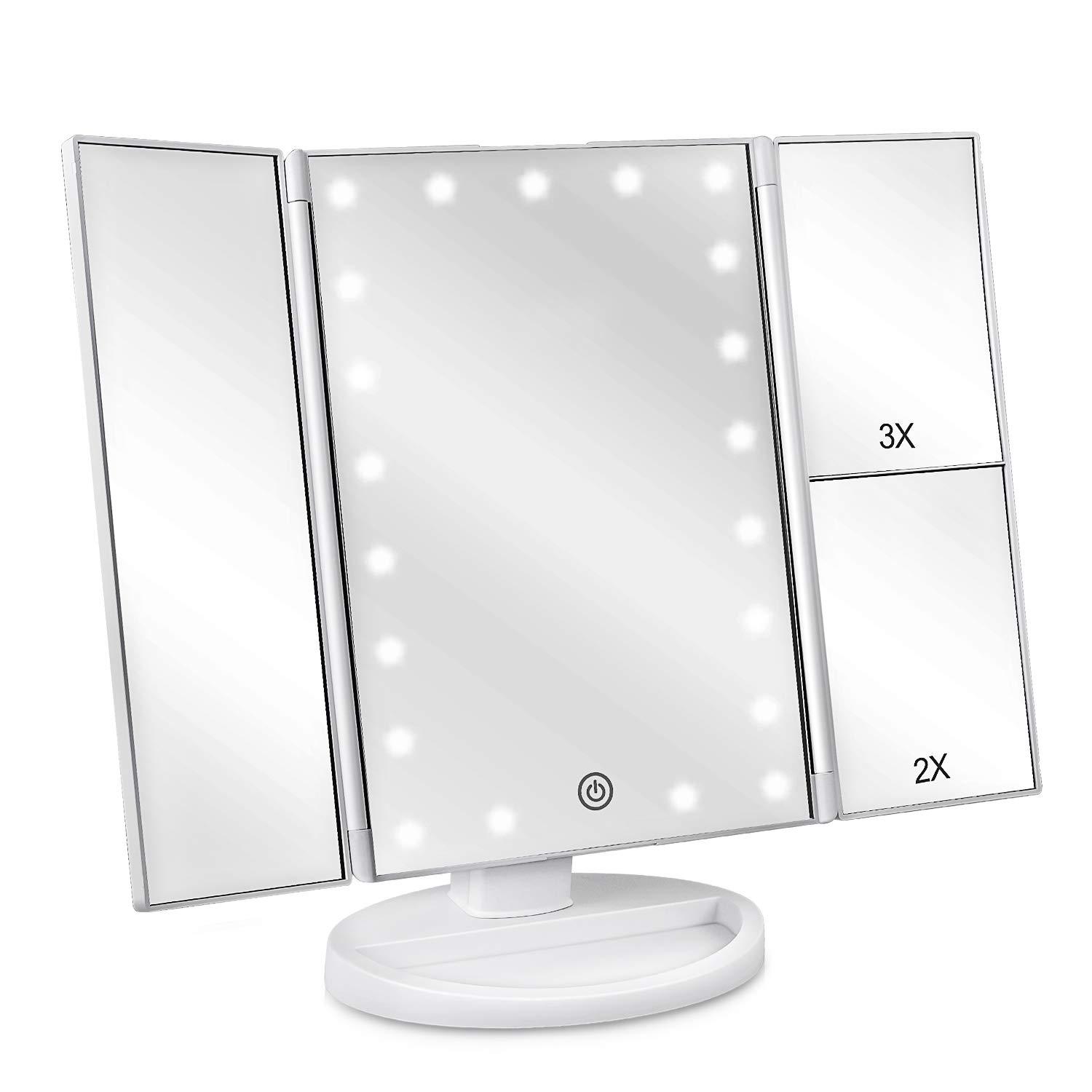deweisn Floor Mount Tri-Fold Lighted Vanity Mirror with 21 LED Lights, Touch Screen and 3X/2X/1X Magnification, Two Power Supply Modes Make Up Mirror,Travel Mirror