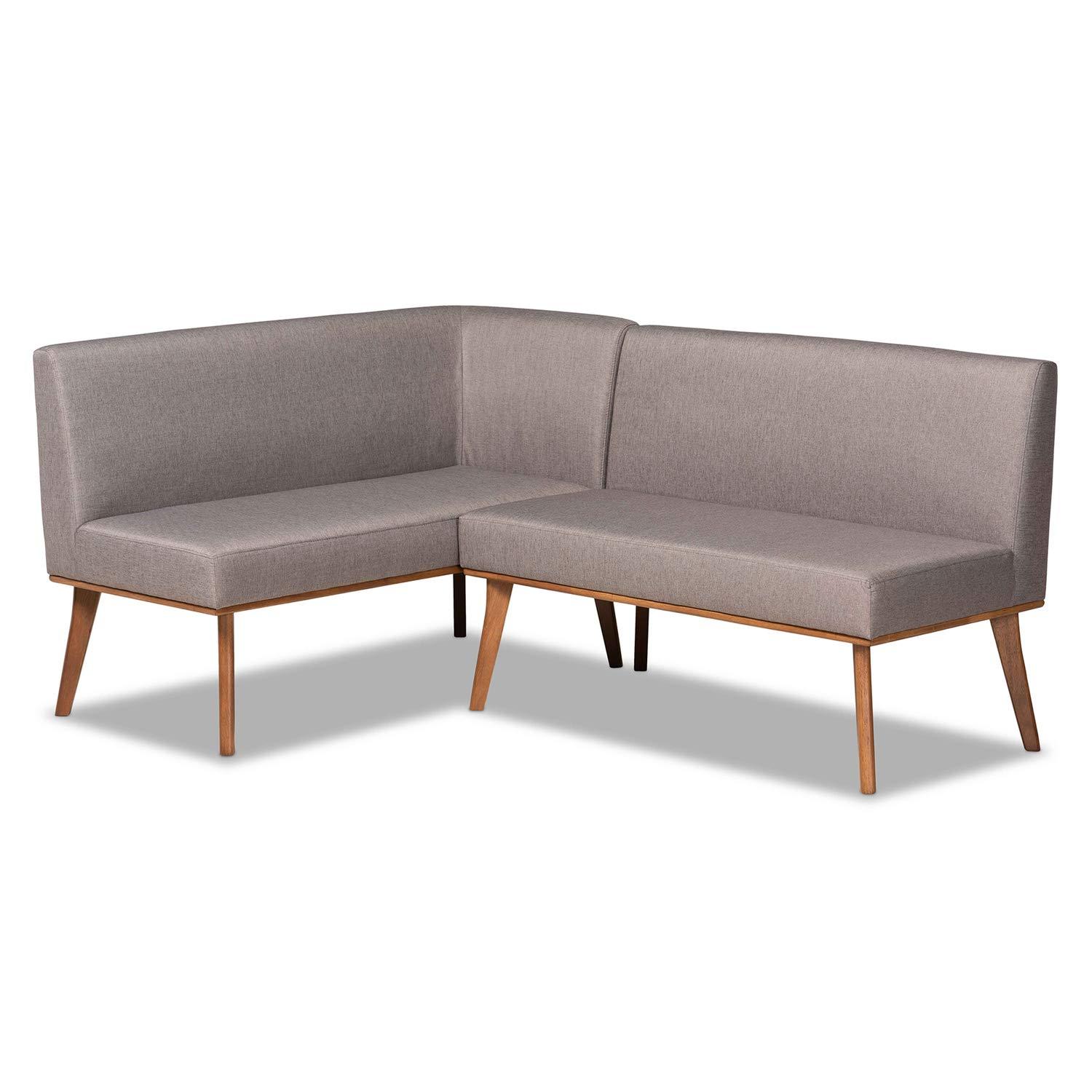 3pc Odessa Mid-Century Modern Fabric Upholstered Wood Dining Nook Set Walnut/Brown/Gray - Baxton Studio: Rectangle Table, Polyester Seat