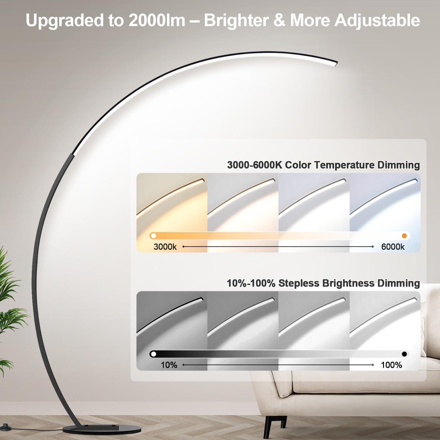 Dimmable LED Floor Lamp With 3 Color Temperatures, Ultra Bright 2000LM Arc Floor Lamps For Living Room, Modern Standing Tall Lamp With Remote Control Reading Floor Lamp For Bedroom Office Classroom