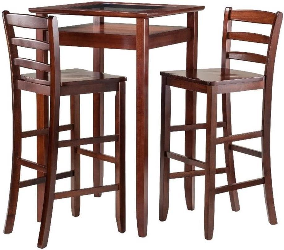 3pc Halo Bar Height Dining Set Wood/Walnut - Winsome: Ladder Back Stools, Tempered Glass Shelf