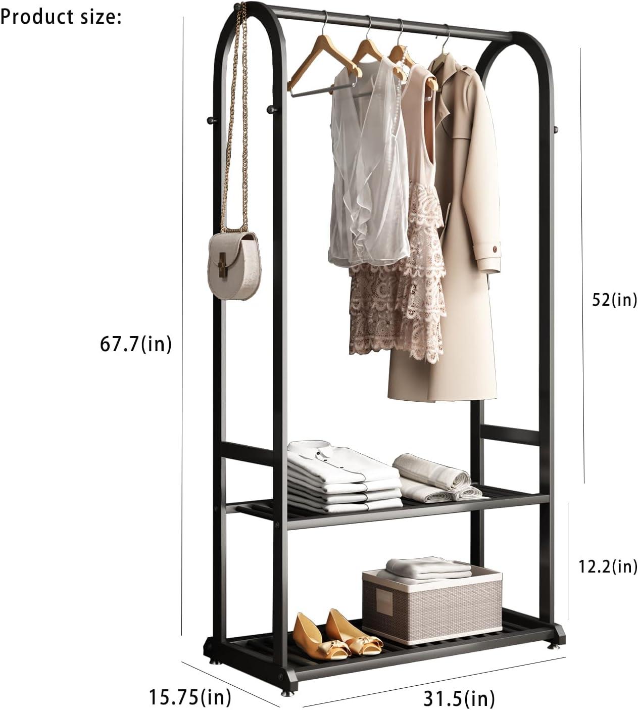 heavy duty clothes rack,clothing rack for hanging clothes,metal garment rack with bottom shelves and side 6 hooks,rack for clothes to hang,Wardrobe Rack for Coats,Shirts,Dress (black, L:31.5IN)