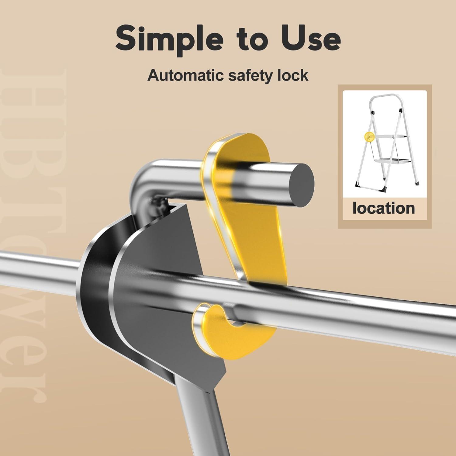 White 2-Step Foldable Steel Ladder with Anti-Slip Pedals