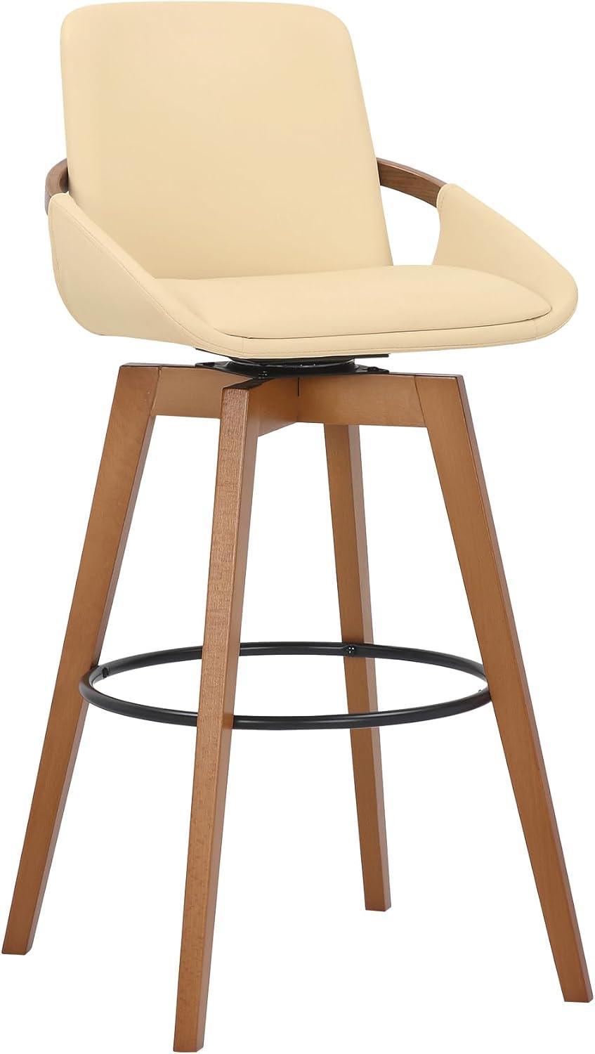 Cream Faux Leather and Walnut Wood Swivel Bar Stool