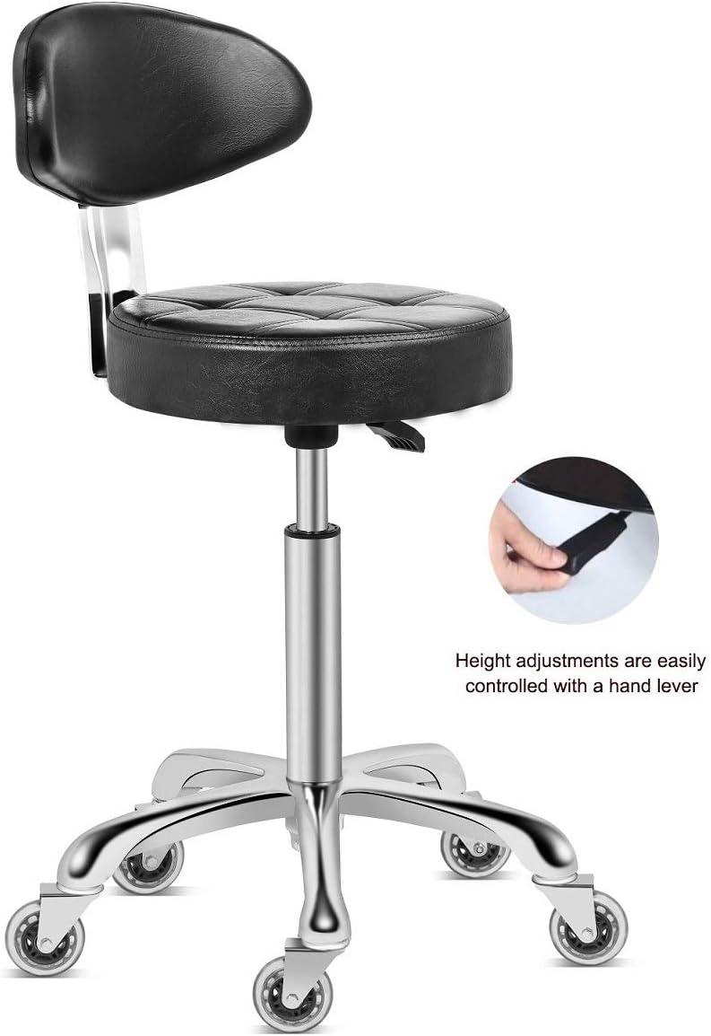 Kaleurrier Rolling Stool Salon Chair with Smooth-Rolling Wheels 360-degree Swivel Seat Heavy Duty Hydraulic Height Adjustable High Barber Cutting Stools (Black, with Backrest)
