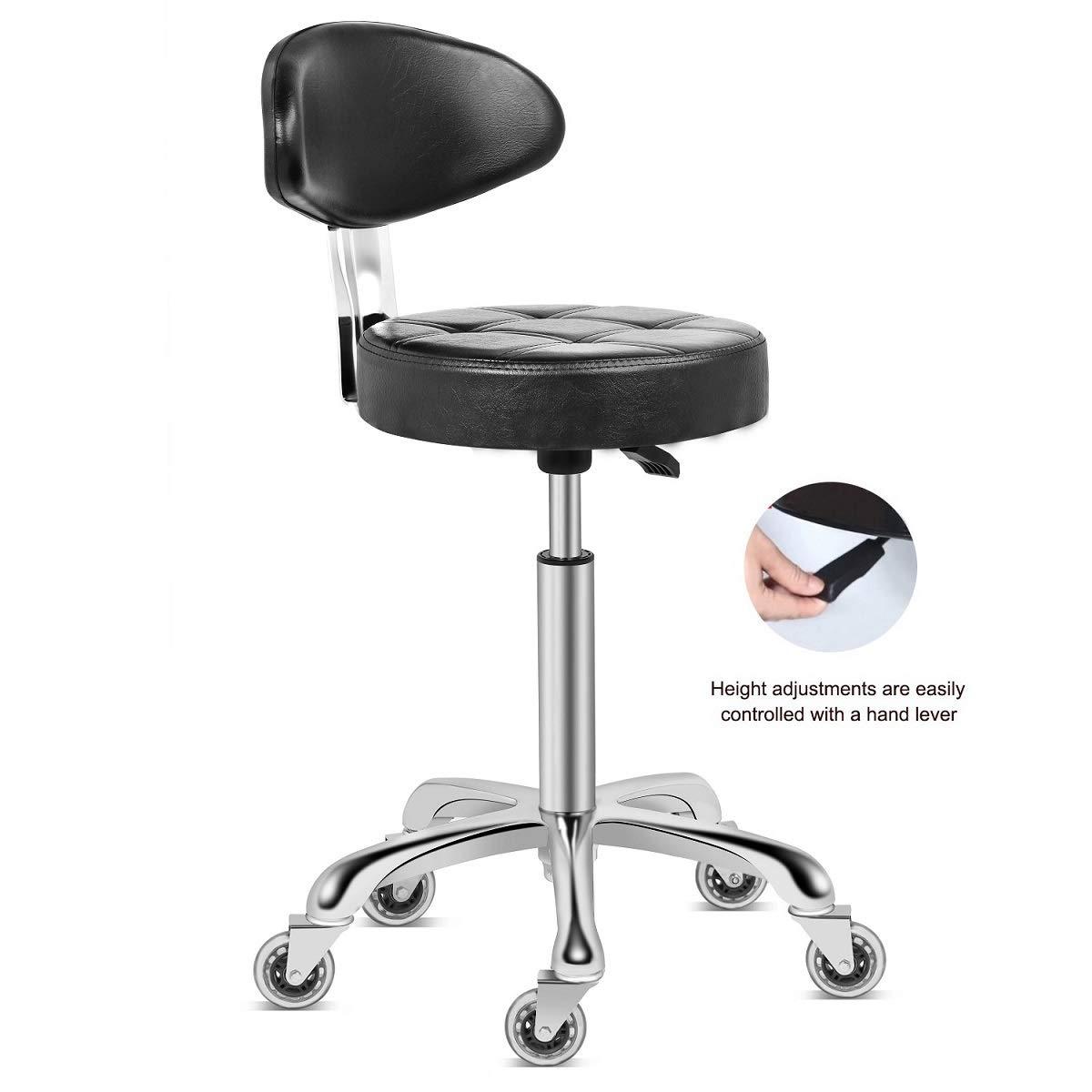 Kaleurrier Rolling Stool Salon Chair with Smooth-Rolling Wheels 360-degree Swivel Seat Heavy Duty Hydraulic Height Adjustable High Barber Cutting Stools (Black, with Backrest)