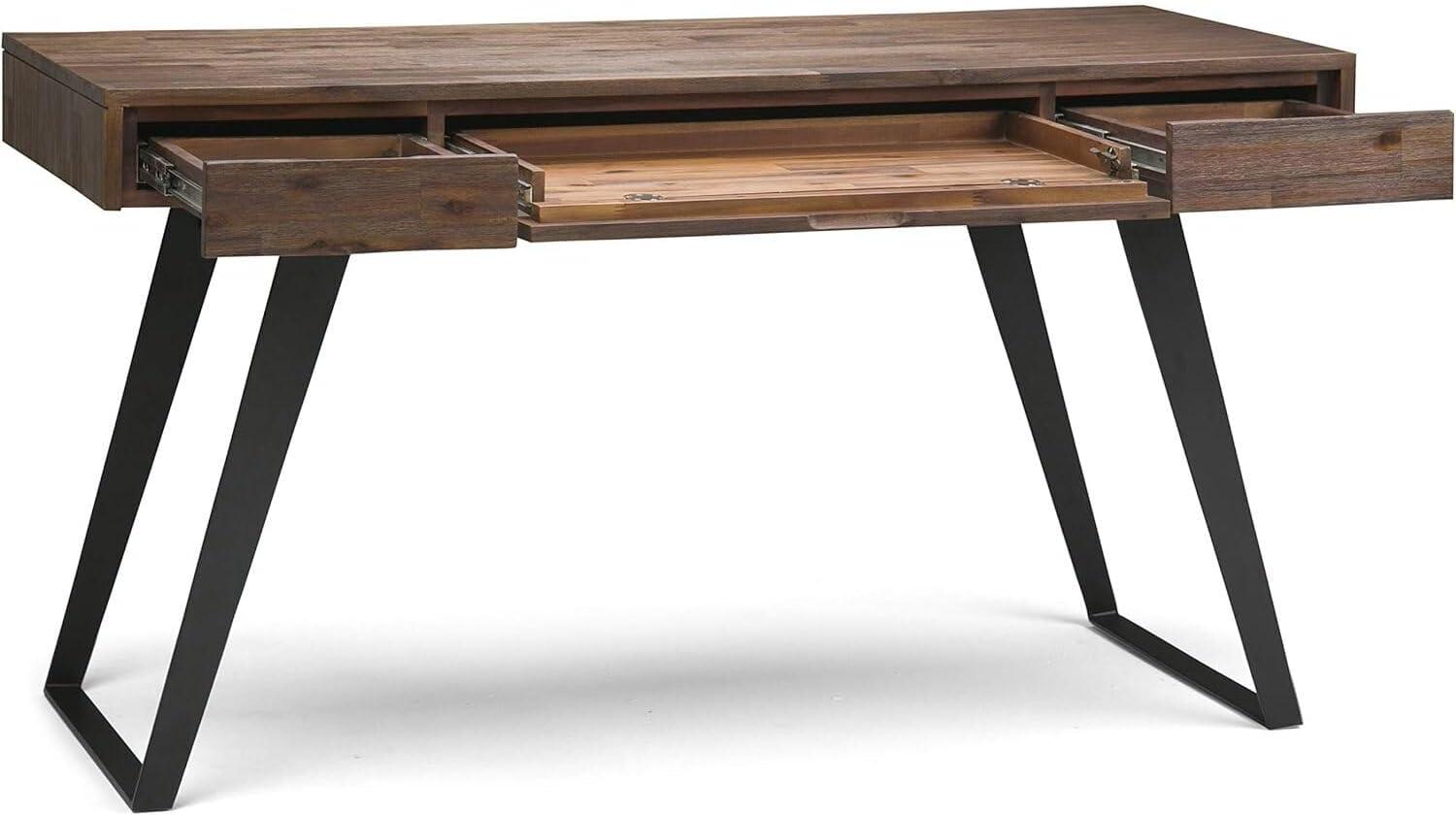 Simpli Home Lowry Solid Acacia Wood Desk, Industrial Style with Keyboard Tray and 2 Drawers