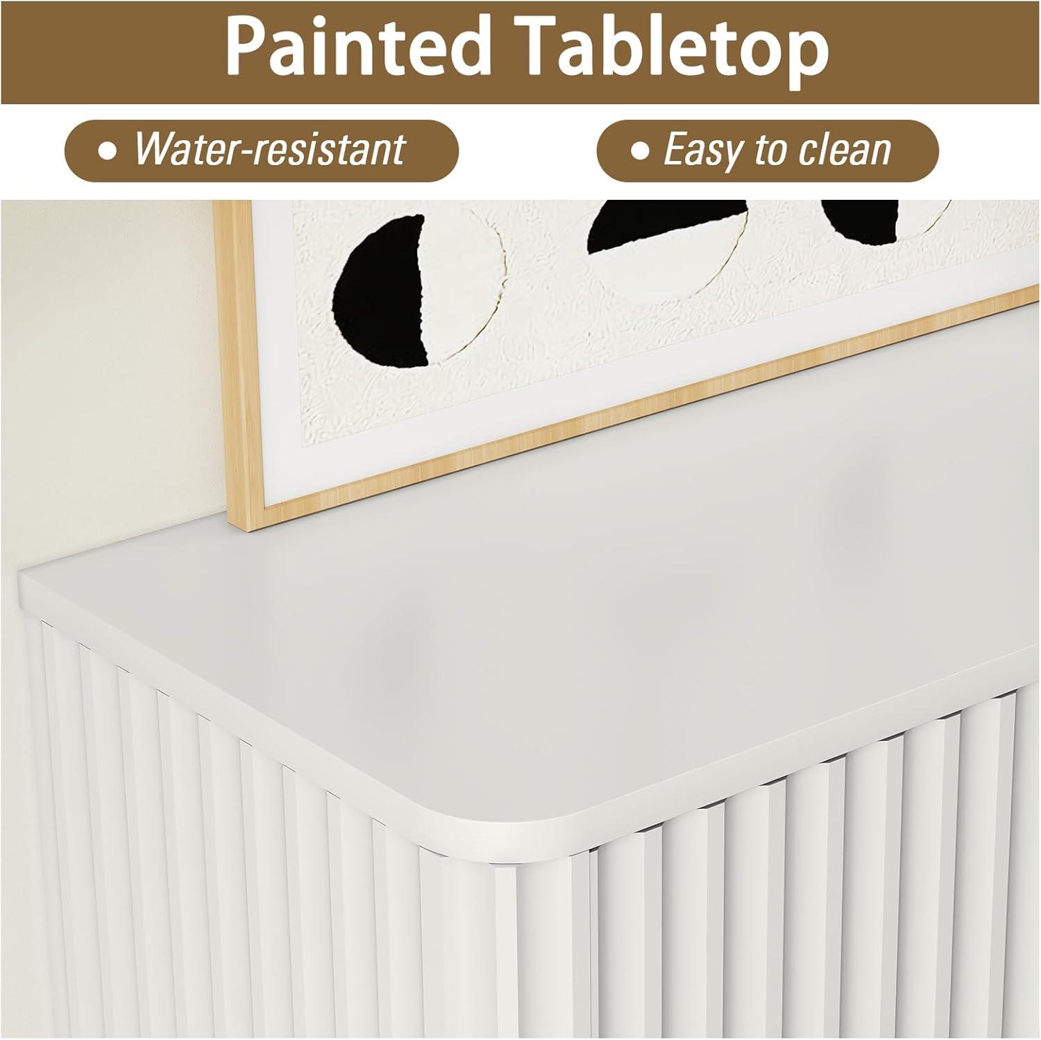 Lunale 48" 3-Door Storage Buffet Cabinet, Cabinet with Vertical Stripes Design Doors and Metal Handles for Living Room, White