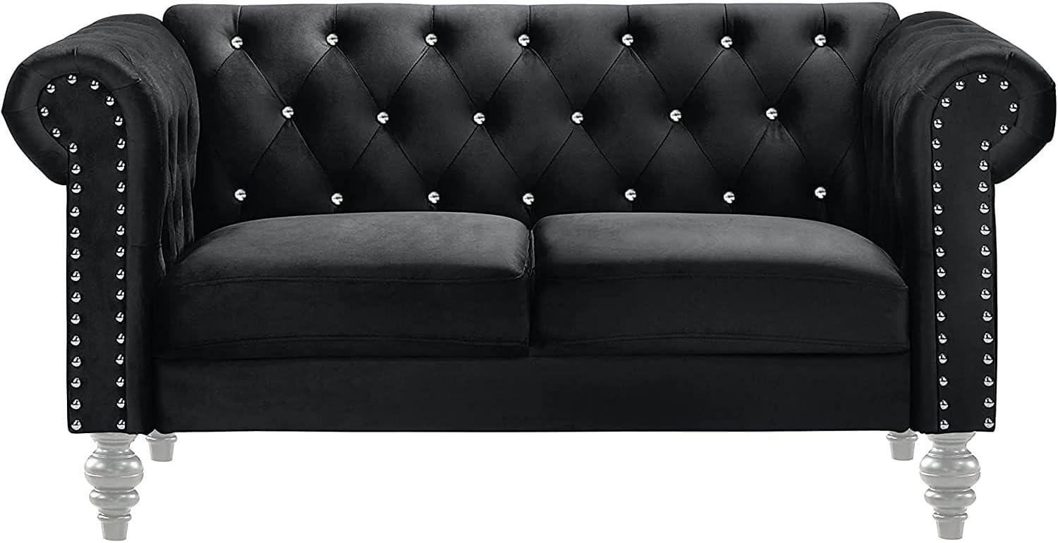 New Classic Furniture Glam Emma Velvet Two Seater Chesterfield Style Loveseat for Small Spaces with Crystal Button Tufts, Black