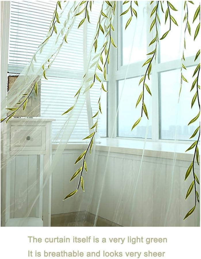 XmhyTop Rely2016 2 Pieces Willow Window Curtain Voile Tulle Room Salix Leaf Sheer Gauze Curtain Voile Panel Drapes Curtain Green Color for Living Room, Bedroom, Balcony ,100 x 200cm