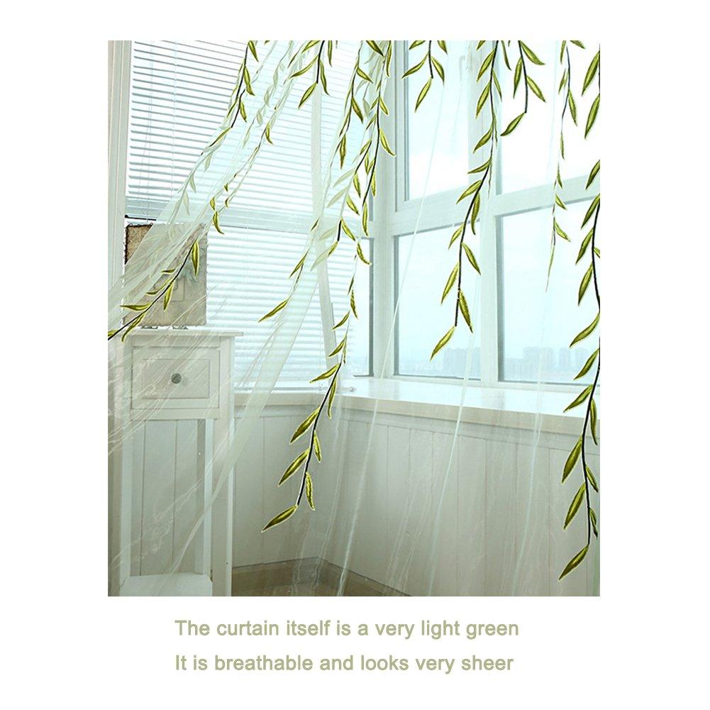 XmhyTop Rely2016 2 Pieces Willow Window Curtain Voile Tulle Room Salix Leaf Sheer Gauze Curtain Voile Panel Drapes Curtain Green Color for Living Room, Bedroom, Balcony ,100 x 200cm