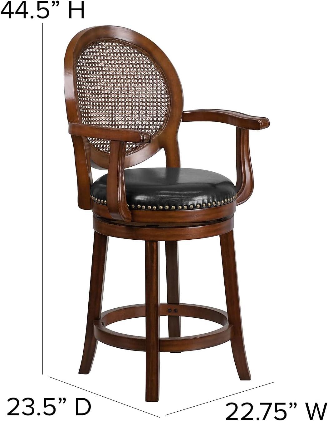 Flash Furniture 26'' High Expresso Wood Counter Height Stool with Arms, Woven Rattan Back and Black LeatherSoft Swivel Seat