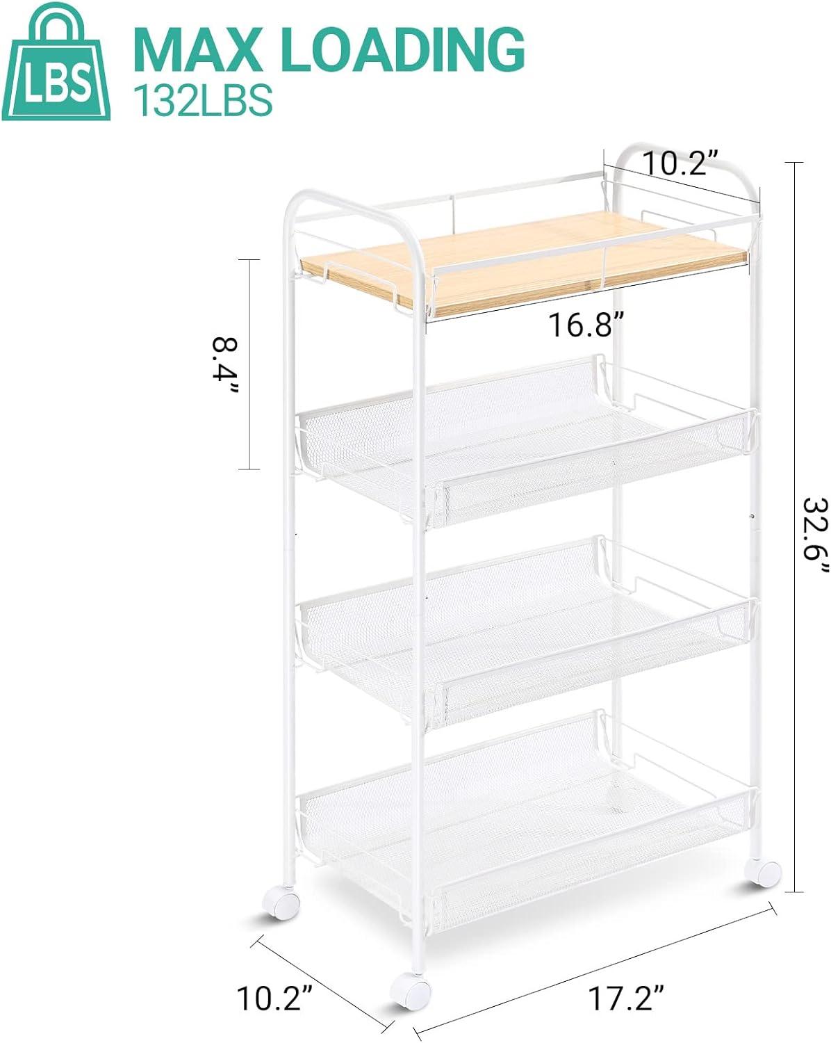 KK KINGRACK 4 Tier Metal Rolling Cart, Storage Cart with Wheels, Utility Cart for Office,School, Organize, White