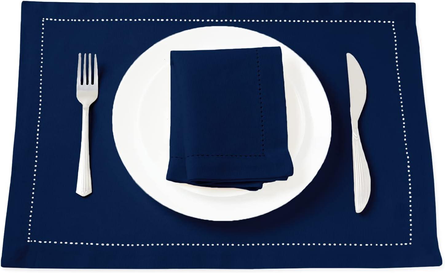 Fennco Styles Stylish Solid Color with Hemstitched Border Table Placemat - Set of 4 (Navy Blue, 13"x19" Placemat - Set of 4)