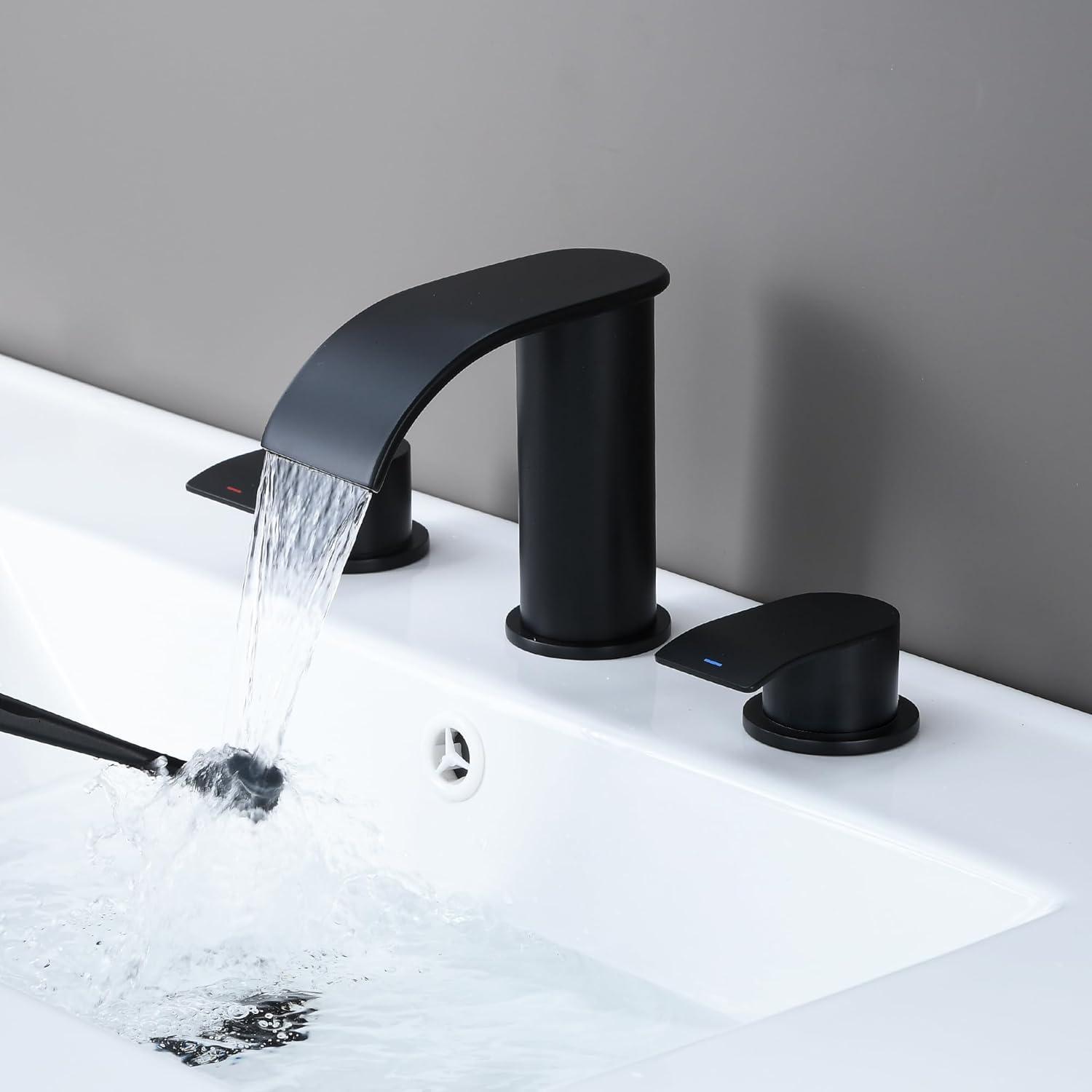 Waterfall Bathroom Sink Faucet Matte Black, Two Handles Bathroom Faucet with Metal Pop up Sink Drain Stopper, 2 or 3 Holes Bathroom Basin Lavatory Mixer Tap with Deck Mount Plate