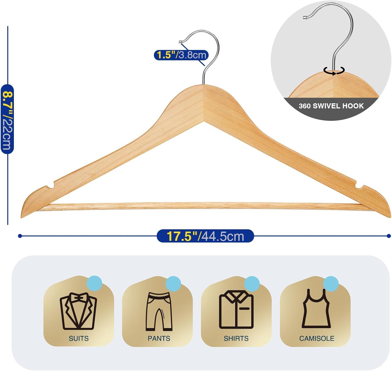 Natural Wood Anti-Slip Suit Hangers with Pant Bar, 30 Pack