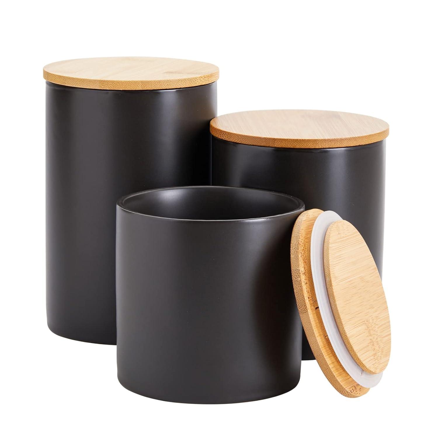 Farmlyn Creek Set of 3 Marble Ceramic Canisters with Wooden Bamboo Lids, Kitchen Counter Containers, Food Storage Jars, 3 Sizes