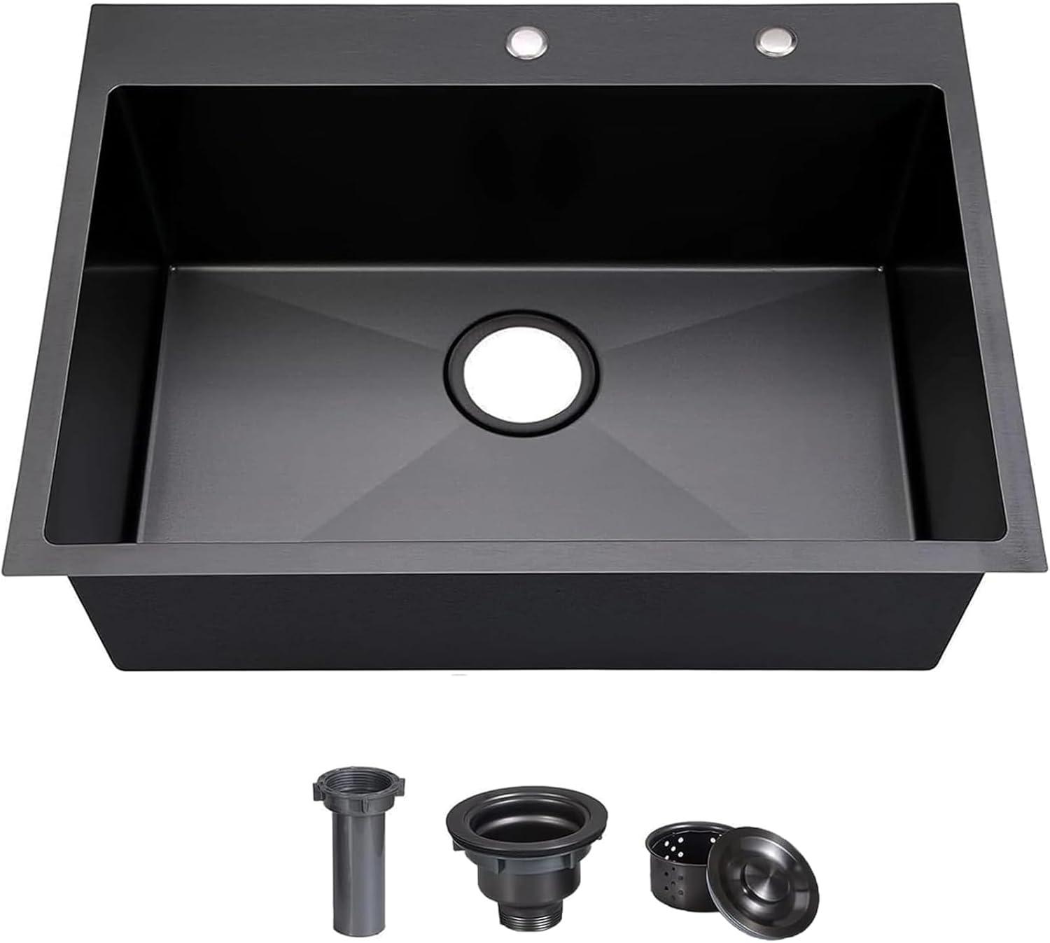 Sinber 33" x 22" Drop-In Single Bowl Kitchen Sink with 18 Gauge 304 Stainless Steel Polished Black Finish