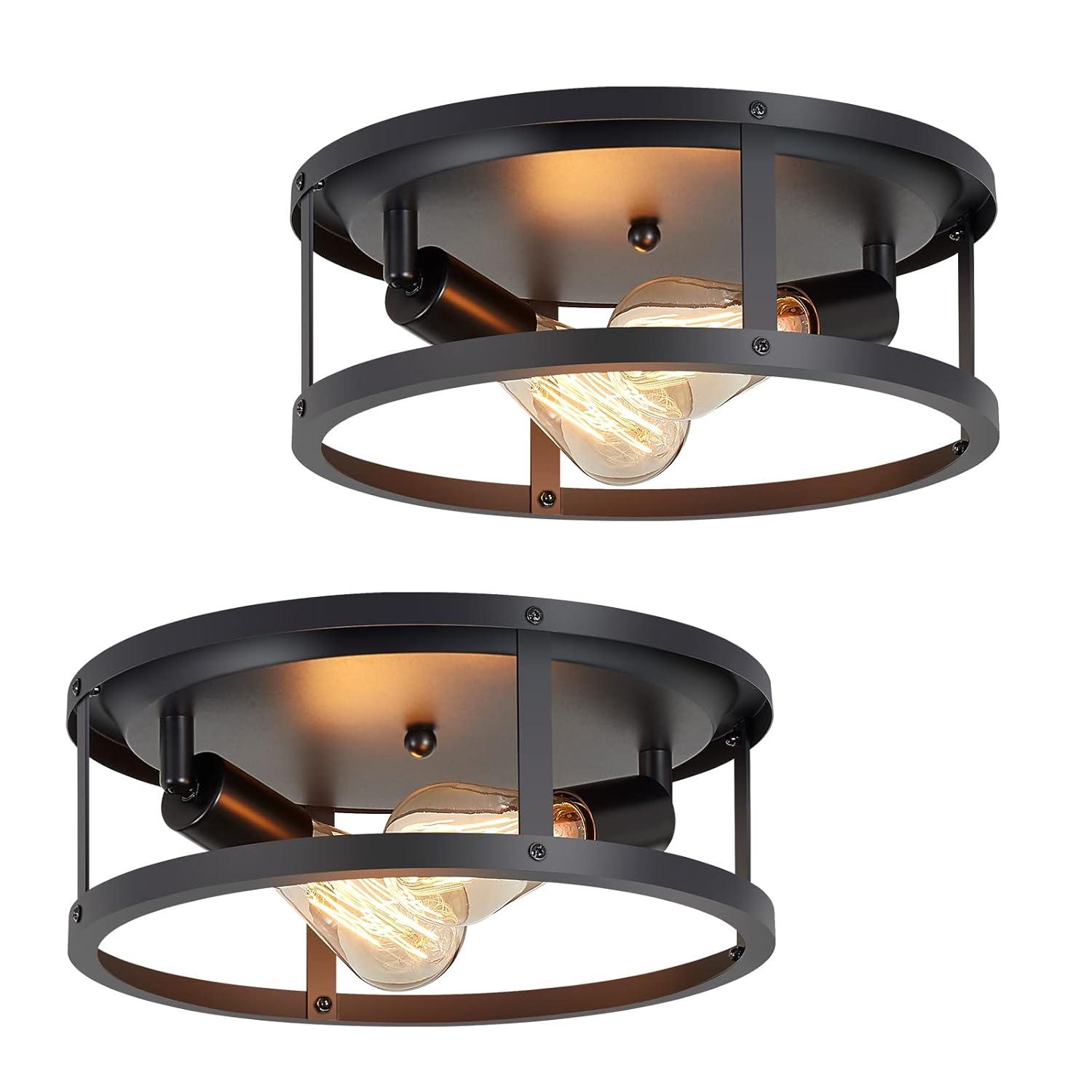 2 Pack Black Farmhouse Flush Mount Ceiling Light,2-Light Rustic Hallway Lighting Fixtures,Industrial Light Fixtures Ceiling Mount for Kitchen Hall Entry Bedroom Closet