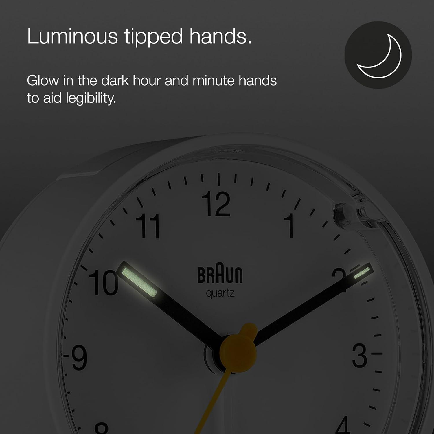 Braun Classic Analogue Alarm Clock with Snooze and Light, Quiet Quartz Movement, Crescendo Beep Alarm in White, Model BC01W.