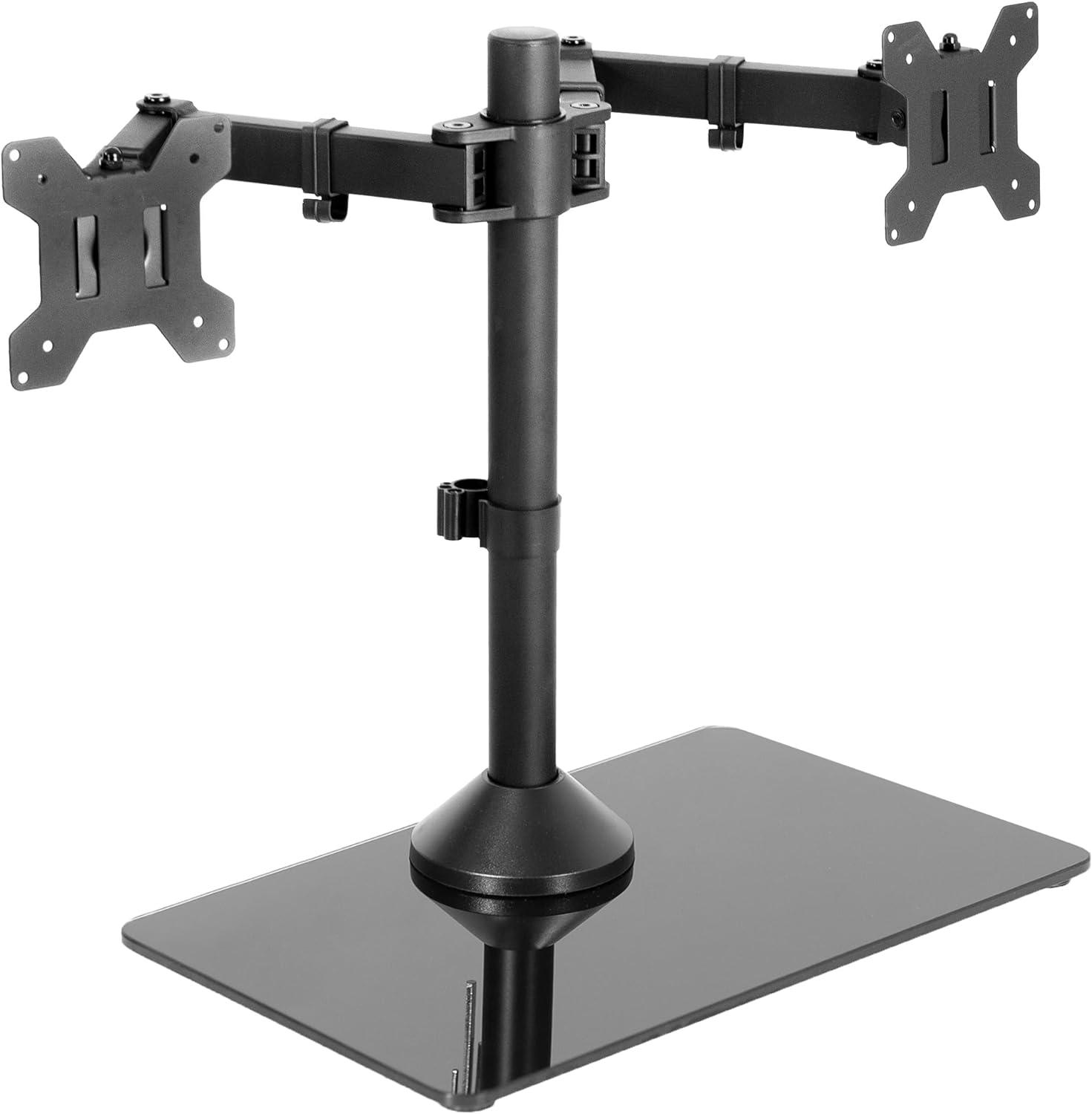 Black Dual Monitor Stand with Tempered Glass Base and Adjustable Arms