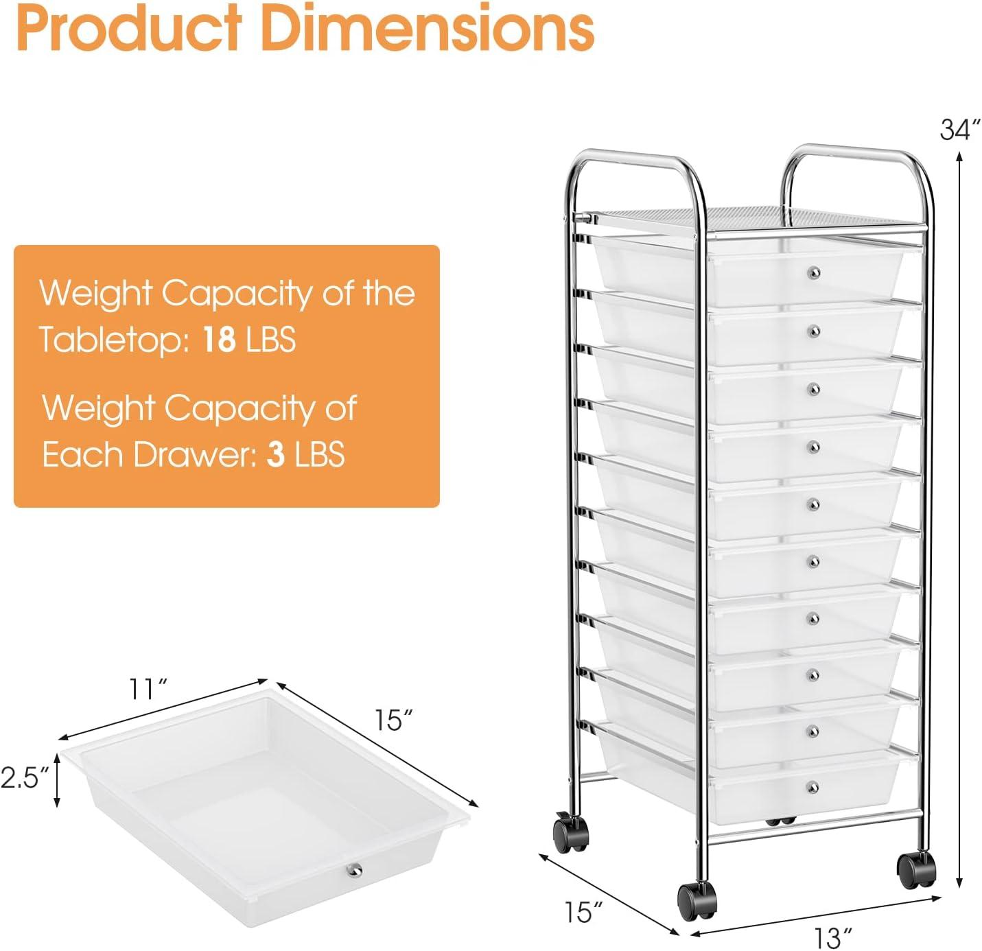 saney Storage Cart W/10 Drawers,Rolling Wheels Semi-Transparent Multipurpose Mobile Cart for School, Office, Home, Beauty Salon Files Arrangement Storage Organizer Cart (Clear)