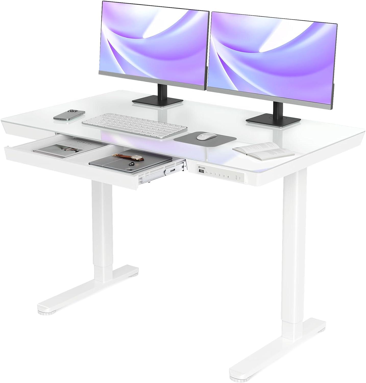 White Glass Adjustable Standing Desk with Drawer and USB Ports