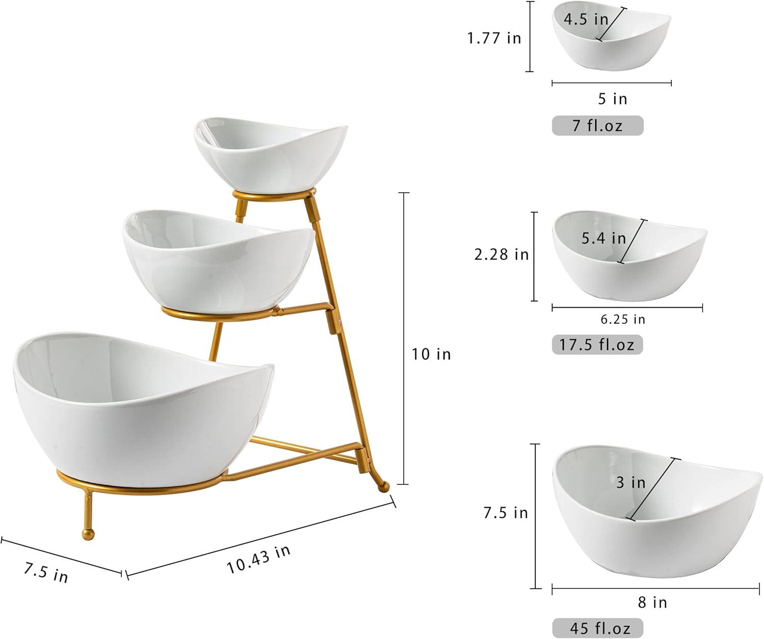 Gold 3-Tier Oval Ceramic Serving Bowl Set with Stand