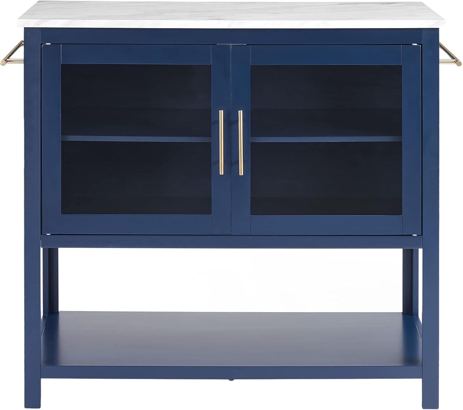 Katrina Kitchen Island Navy/White Marble - Crosley: Faux Marble Top, Glass Doors, Towel Bars