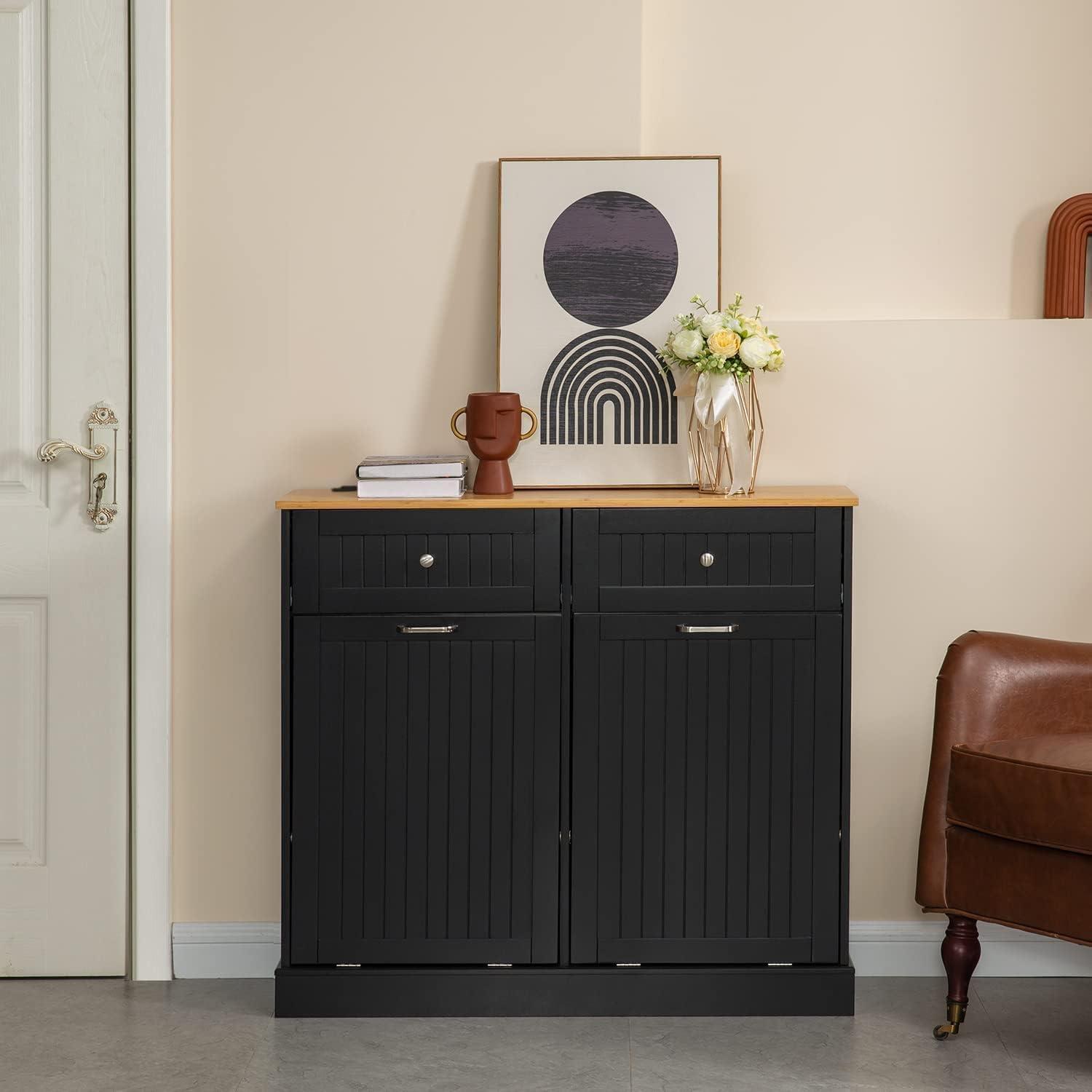 Black Double Tilt Out Trash Cabinet with Countertop and Drawer