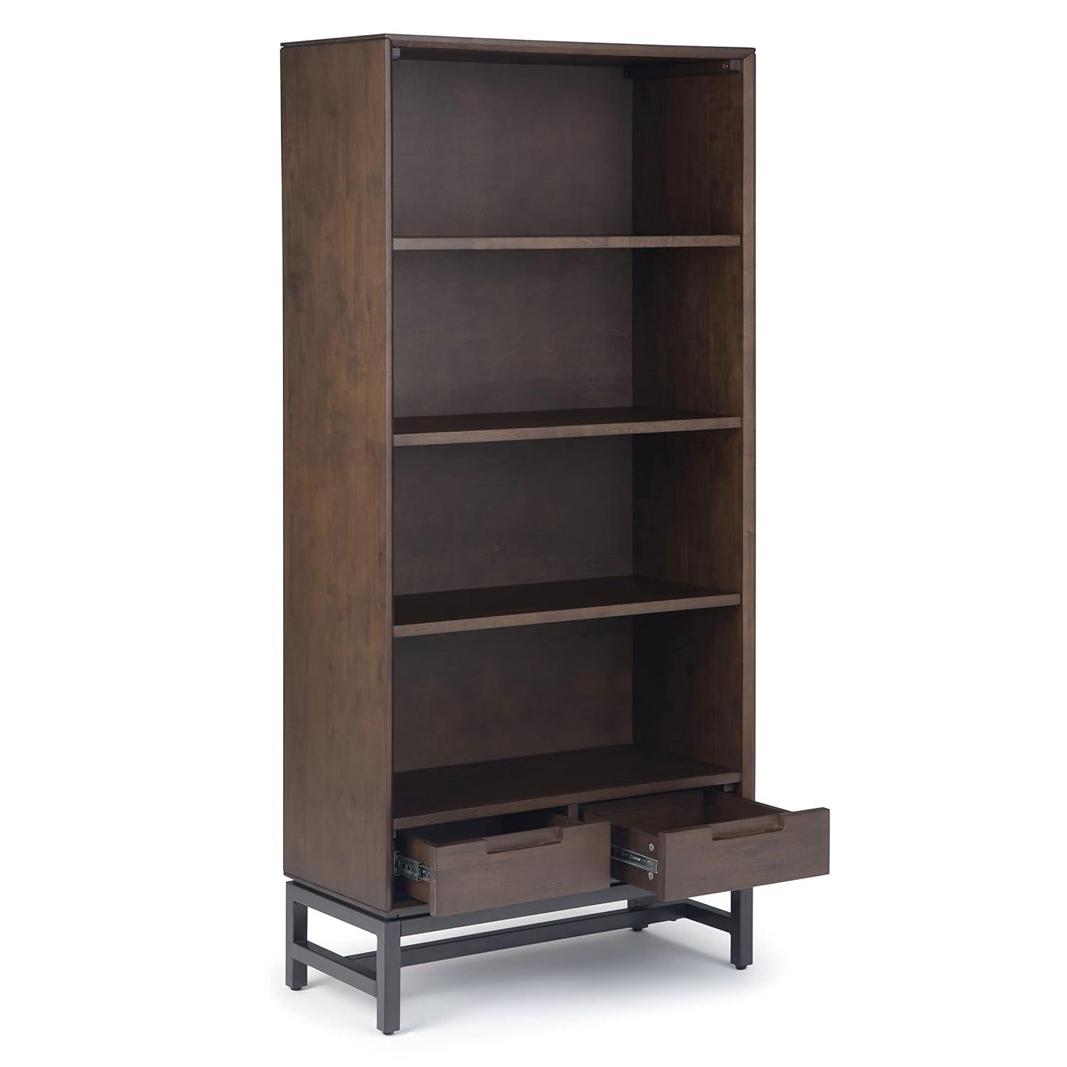 Banting 30"W Solid Wood 4 Shelf Industrial Bookcase with 2 Drawers, Adjustable Shelves, and Metal Base