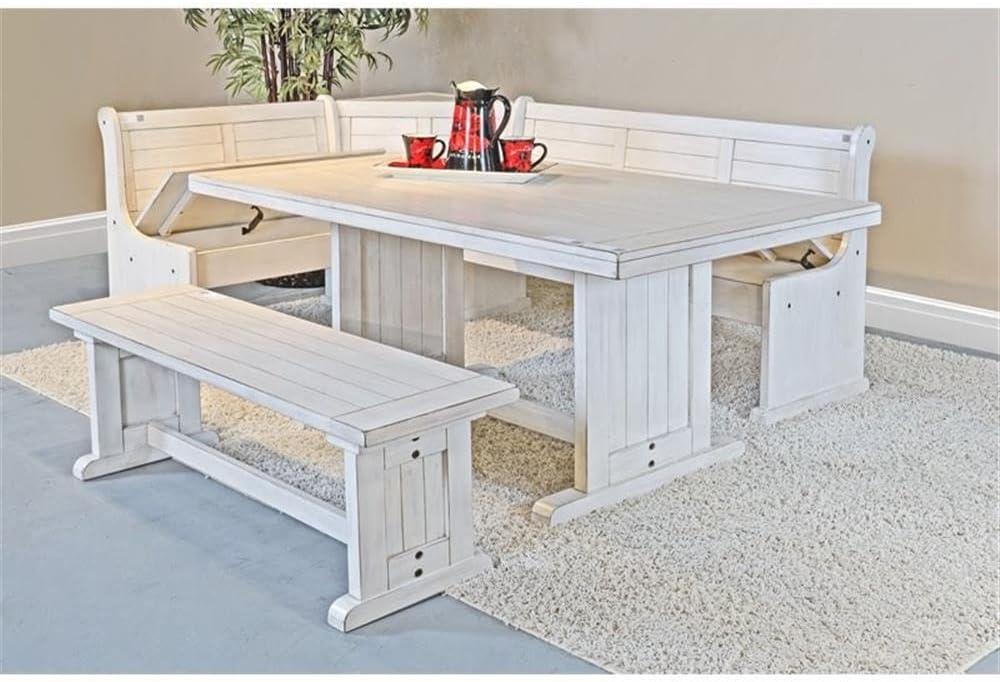 Pemberly Row Farmhouse Wood Breakfast Nook Set in Marble White