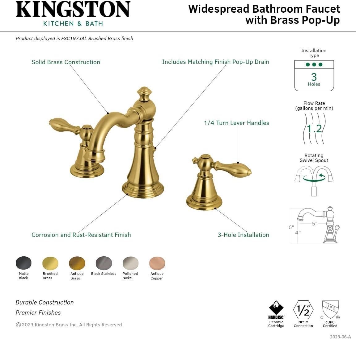 Kingston Brass English Classic Two-Handle 3-Hole Deck Mount Widespread Bathroom Faucet with Brass Pop-Up Drain