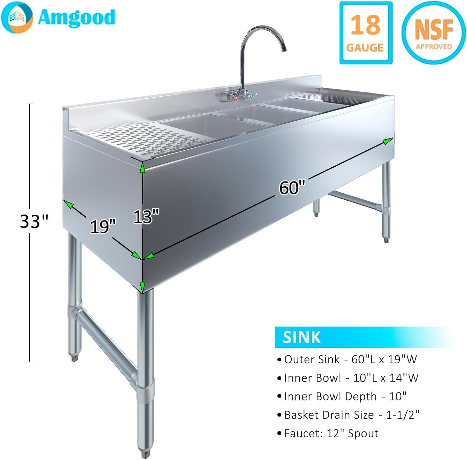 3 Compartment Under Bar Sink With 12″ Left and Right Drainboards and Faucet – 60″ X 18 3/4″