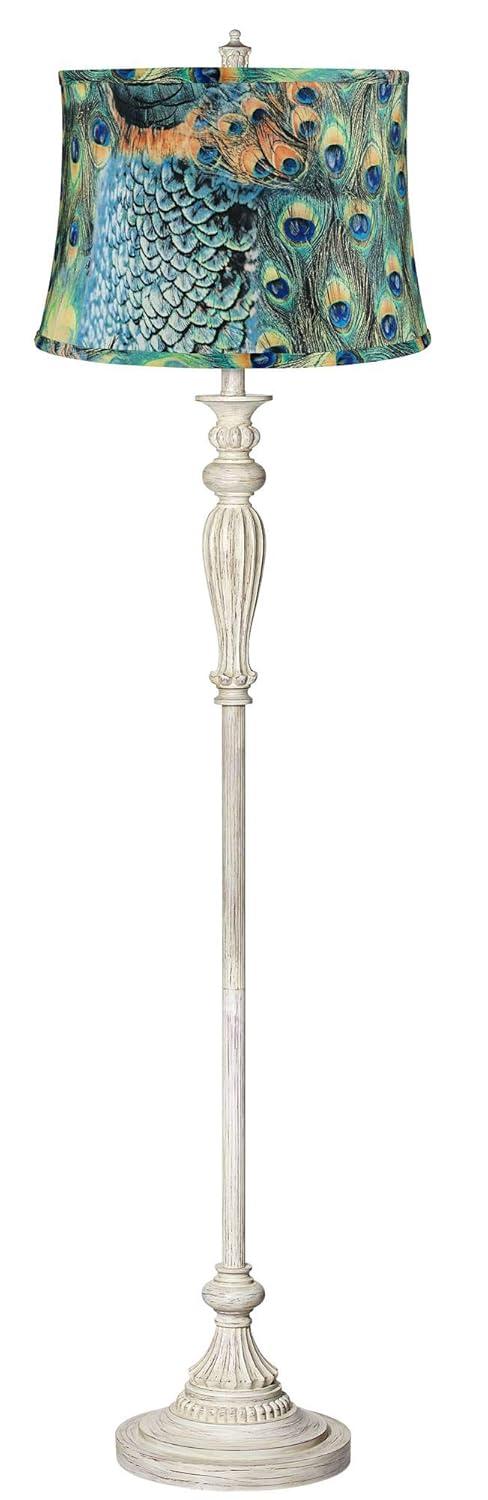 360 Lighting Shabby Chic Floor Lamp 60" Tall Antique White Washed Peacock Print Drum Shade for Living Room Reading Bedroom Office