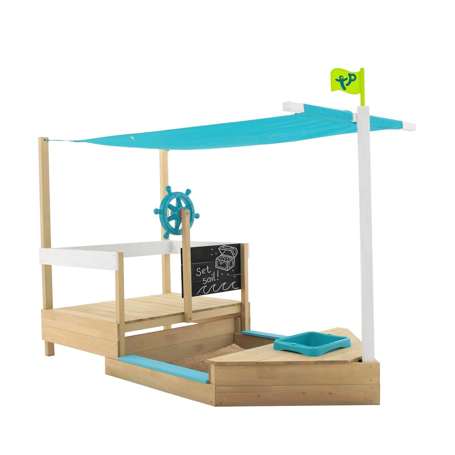 TP Ahoy Wooden Sandbox Pirate Ship Play Boat with Canopy – Kids Outdoor Sand & Water Toy with Captain’s Wheel, Blackboard, Splash Bowl & Storage | FSC Certified | Compact & Space-Saving Design