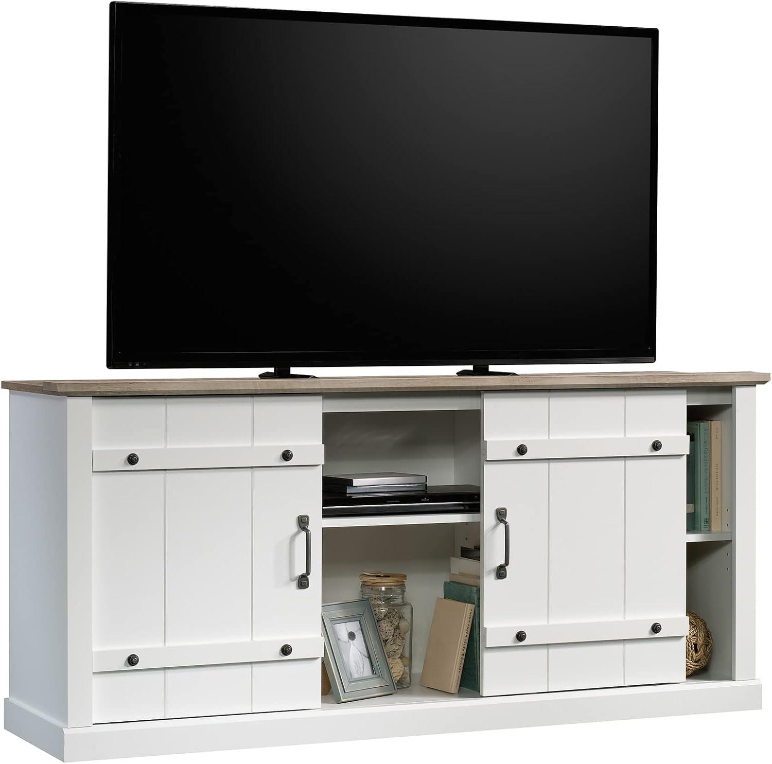 Soft White Farmhouse TV Stand with Oak Accent for 70" TVs