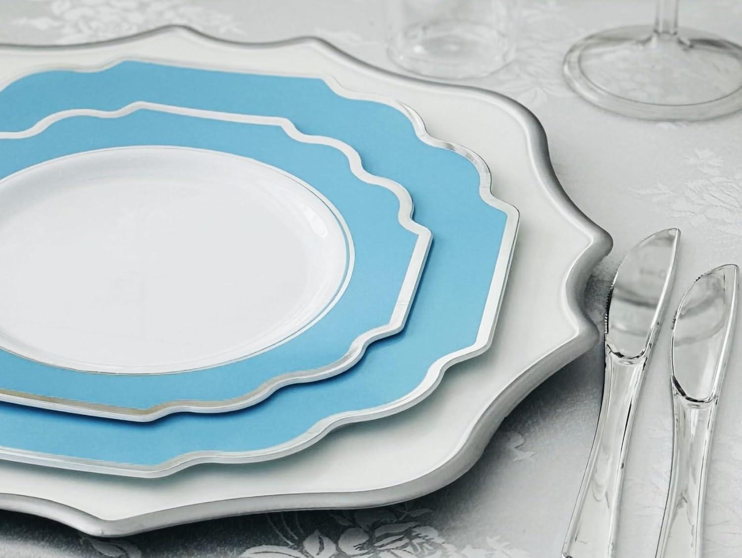 " OCCASIONS " 240 Plates Pack (120 Guests) Heavyweight Wedding Party Disposable Plastic Plates-120x10.5'' Dinner + 120x8'' Appetizer Plate (Imperial Aqua & Silver)