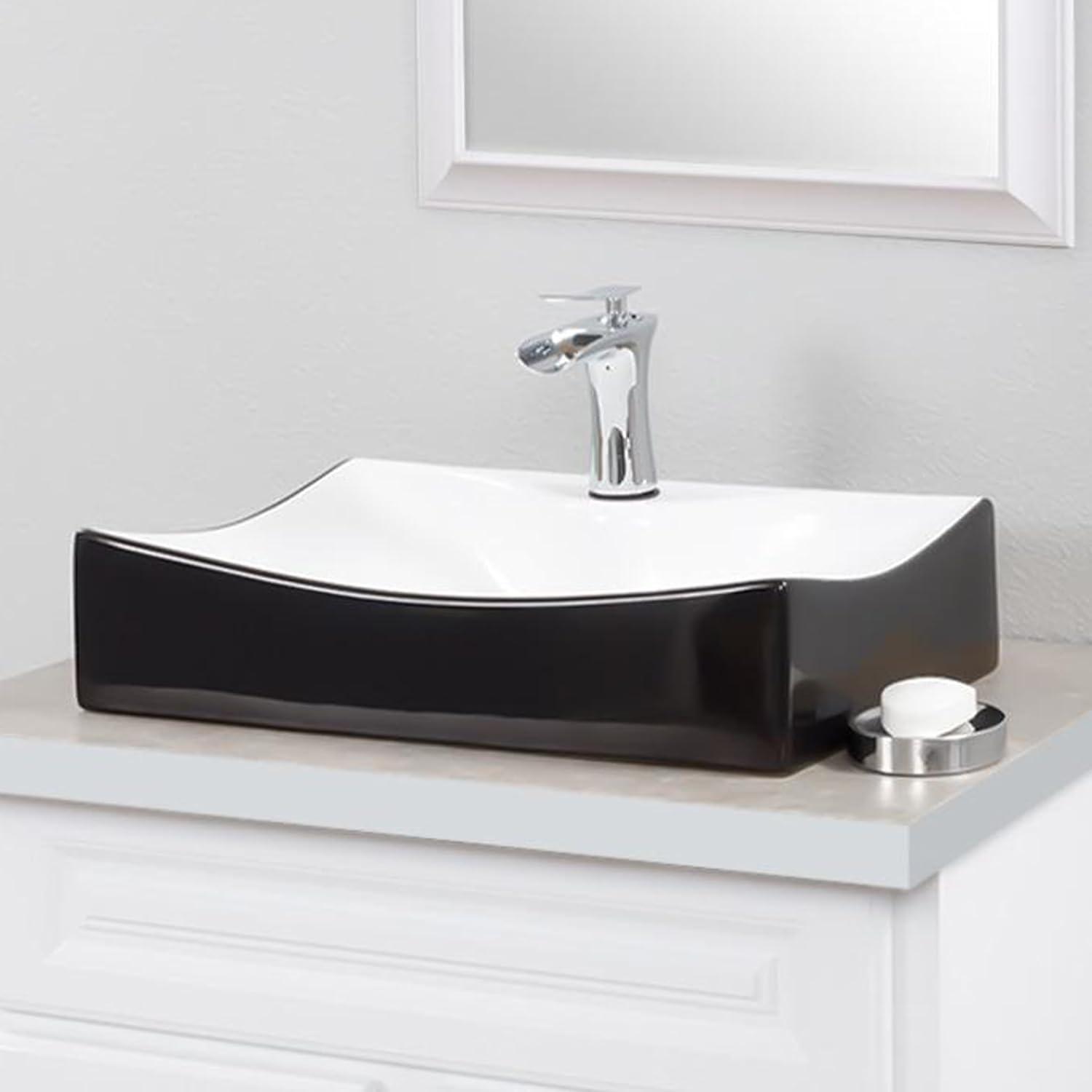 Novatto 15.75'' Glossy Black With White Interior Ceramic Rectangular Bathroom Sink