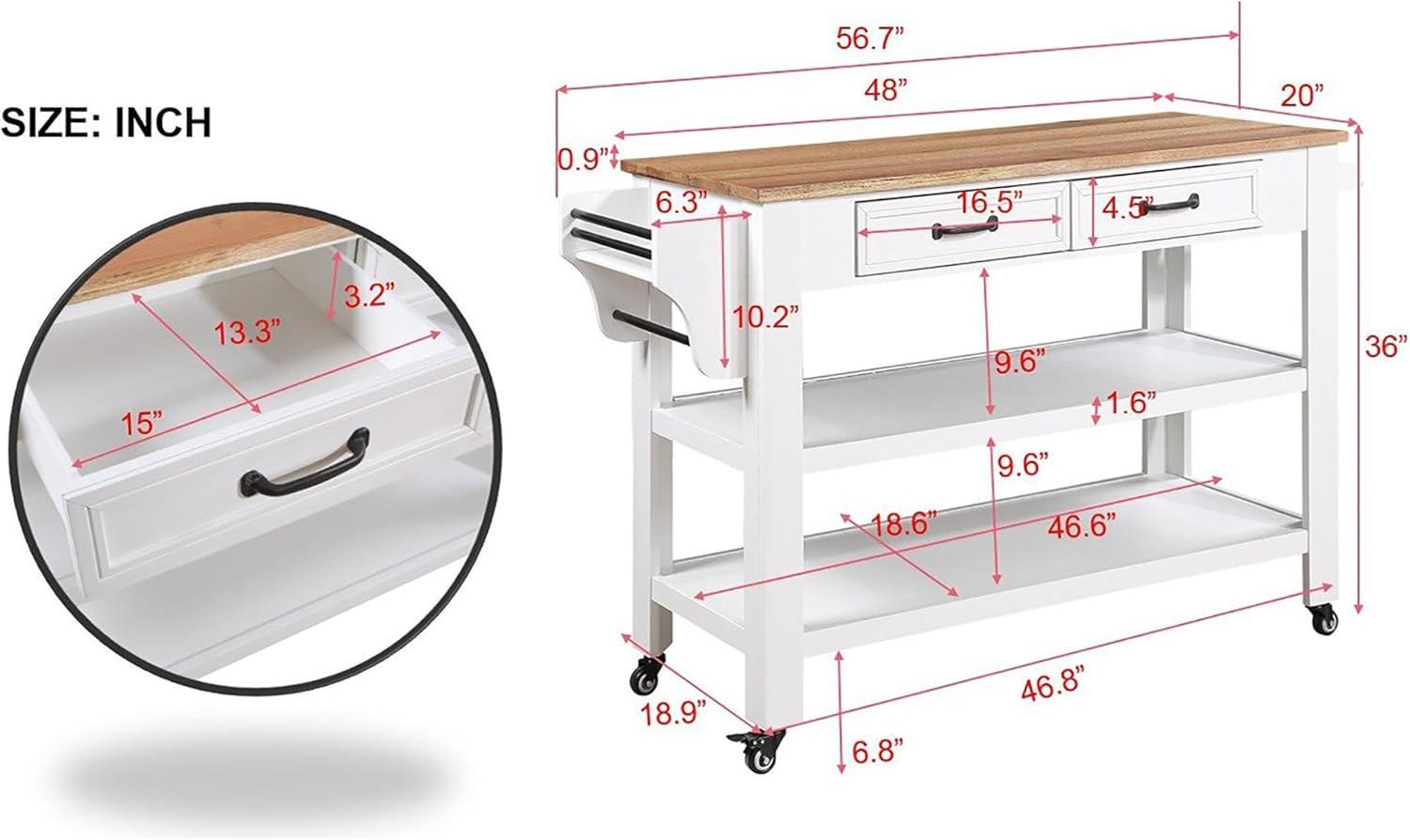 57 Inch White Kitchen Cart with Solid Oak Top and Storage