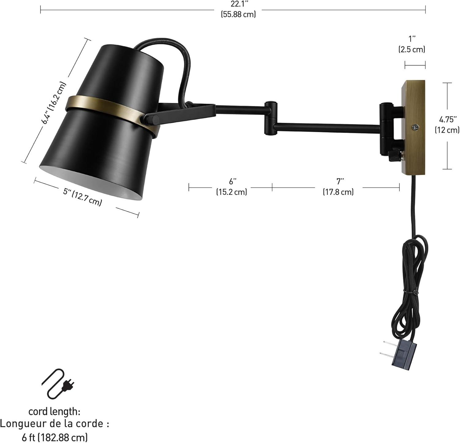 Globe Electric McKibbin 1-Light Matte Black Plug-In or Hardwire Swing Arm Wall Sconce, 51345