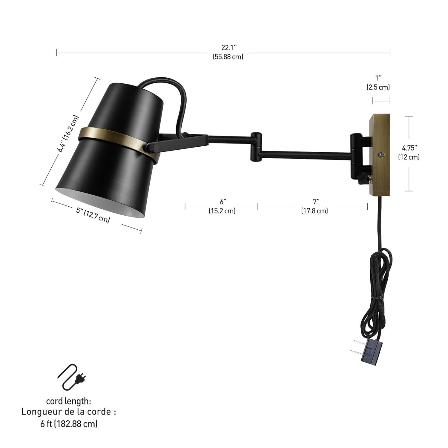 Globe Electric McKibbon 1-Light Swing Arm Wall Sconce, Plug-in or Hardwire, Matte Black, 51345