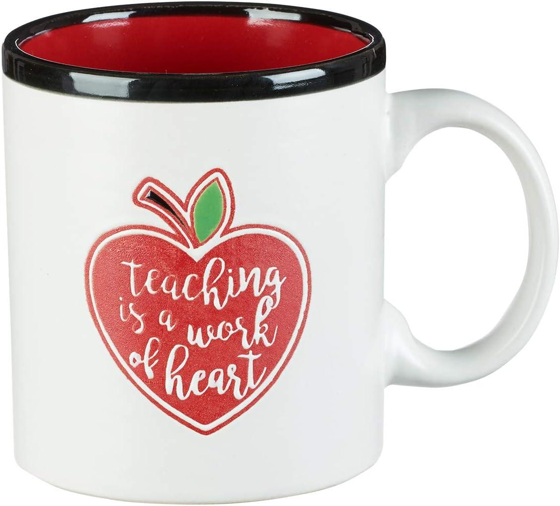 Teaching is a Work of Heart Coffee Mug, w/Red Heart Apple, Teacher Appreciation End of Year Gift, 13oz White Ceramic Microwave Dishwasher Safe