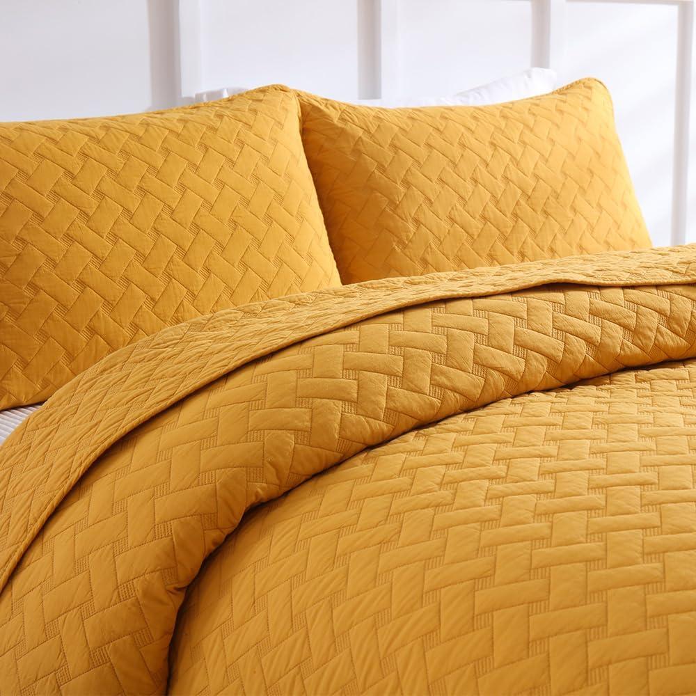 Cotton Quilt Bedding Sets Queen Size, 3 Pieces Reversible Lightweight Coverlets Comforters Bedspreads for All Seasons,Weave Stitching Pattern,Yellow